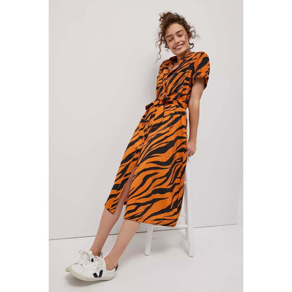 Maeve by Anthropologie Tereza Midi Shirt Dress In Tiger Animal Print Orange XS P - Picture 4 of 14